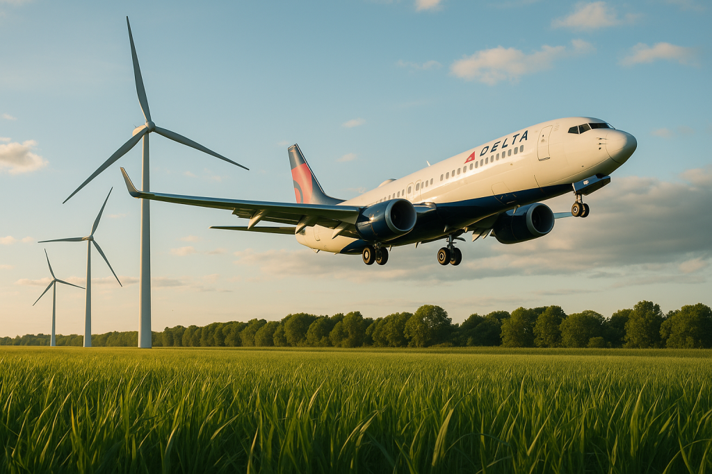 Delta y Shell unen fuerzas: la alianza que acelera el despegue del combustible sostenible de aviación Avión en vuelo con cielo despejado, simbolizando aviación sostenible